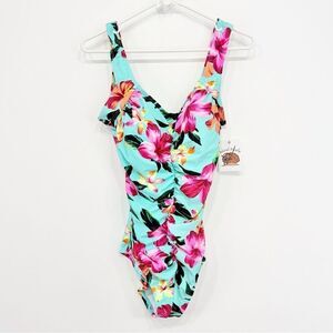 Island Pearls Sea foam Green Hibiscus Floral Ruched One Piece Swimsuit NEW